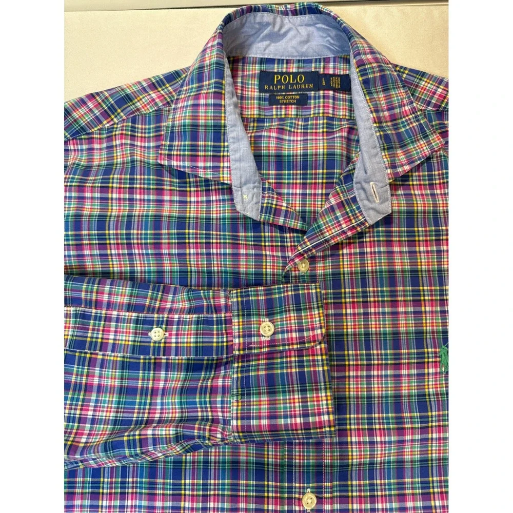 Polo Ralph Lauren Mens Large Plaid Cotton Stretch Button Down Shirt Multi Color